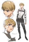  1boy armin_arlert black_footwear black_pants blonde_hair blood blood_on_face blue_eyes boots character_name chest_harness full_body hair_behind_ear harness highres knee_boots long_sleeves looking_down looking_up male_focus multiple_views open_mouth pants parted_lips shingeki_no_kyojin shirt simple_background standing thundergotch white_background white_shirt 