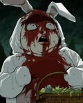  1boy basket black_eyes blood blood_on_clothes blood_on_face constricted_pupils cosplay cowboy_shot dlcu3w easter_bunny easter_bunny_(cosplay) eric_cartman highres holding holding_basket long_sleeves male_focus night open_mouth outdoors solo south_park standing teeth 