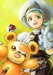  1girl apron ascot brown_ascot buttons chef gloves green_eyes hat highres holding holding_poke_ball kaosu_(kaosu0905) katy_(pokemon) light_green_hair mole mole_on_cheek mole_under_eye one_eye_closed poke_ball poke_ball_(basic) pokemon pokemon_(creature) pokemon_(game) pokemon_sv puffy_sleeves short_sleeves smile spider_web_print teddiursa white_headwear 