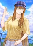  1girl absurdres belt blush brown_hair cloud cloudy_sky girls&#039;_frontline green_eyes grey_pants hand_up hat highres long_hair looking_at_viewer outdoors pants parted_lips purple_headwear railing ridwanpertamini shirt sky smile solo springfield_(girls&#039;_frontline) straight-on t-shirt upper_body yellow_shirt 