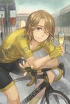  1boy alcohol axis_powers_hetalia bangs bicycle bike_jersey brown_hair cup cycling_uniform drinking_glass facial_hair fingerless_gloves france_(hetalia) french_flag gloves ground_vehicle highres holding holding_cup kakkokari911 lamppost leaning_back long_hair looking_at_viewer one_eye_closed outdoors parted_bangs purple_eyes riding riding_bicycle shorts smile solo 