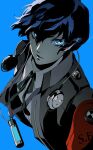  1boy blue_background blue_hair dark_blue_hair digital_media_player eyelashes gekkoukan_high_school_uniform glowing glowing_eyes headphones highres looking_at_viewer parted_lips persona persona_3 persona_3_reload pertex_777 s.e.e.s school_uniform short_hair solo upper_body yuuki_makoto_(persona_3) 