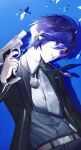  1boy absurdres belt blue_background blue_eyes blue_hair collared_shirt dark_blue_hair digital_media_player evoker gekkoukan_high_school_uniform gun hair_between_eyes headphones highres holding holding_gun holding_weapon jacket looking_to_the_side male_focus open_clothes open_jacket parted_lips persona persona_3 school_uniform shadow shirt short_hair smile solo standing upper_body weapon white_shirt wide-eyed yuuki_makoto_(persona_3) 