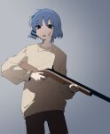  1girl alternate_costume blue_hair bocchi_the_rock! gun highres holding holding_gun holding_weapon looking_at_viewer machuuu68 medium_hair mole mole_under_eye open_mouth shotgun weapon yamada_ryo 