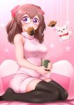  1girl arakawa_tarou bespectacled black_thighhighs blush bow breasts brown_hair casual commentary_request creature cup delicious_party_precure dress food food_in_mouth glasses hair_bow highres holding holding_cup kome-kome_(precure) legs mouth_hold nagomi_yui no_shoes onigiri pink-framed_eyewear pink_background pink_sweater precure purple_eyes recipipi red_bow ribbed_sweater senbei sleeveless_turtleneck_dress sparkle star_(symbol) sweater sweater_dress thighhighs turtleneck two_side_up yunomi zettai_ryouiki 