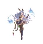  1girl absurdres animal_ears bare_shoulders blue_hair boots breasts brown_eyes dress earrings elbow_gloves erune ferry_(granblue_fantasy) flower fugee_(granblue_fantasy) full_body gloves gold_trim granblue_fantasy granblue_fantasy:_relink highres holding holding_weapon holding_whip jewelry knee_boots long_hair minaba_hideo nicola_(granblue_fantasy) official_art open_mouth pleated_skirt short_dress skirt sleeveless sleeveless_dress small_breasts smile solo standing thighhighs transparent_background weapon whip zettai_ryouiki 
