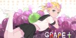  1girl bad_drawr_id bad_id bare_arms black_sailor_collar black_skirt blonde_hair closed_mouth english_text expressionless food food-themed_hair_ornament fruit grape_hair_ornament grapes green_eyes hair_ornament kneehighs legs looking_at_viewer looking_back lying midriff_peek oekaki on_stomach original pleated_skirt plus_sign polka_dot polka_dot_background sailor_collar school_uniform serafuku short_hair short_sleeves skirt socks solo suya000 the_pose white_serafuku white_socks 