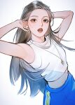  1girl animification armpits arms_behind_head blue_pants blush brown_eyes brown_hair bu_xiaoxin_kou_diao flat_chest haerin_(newjeans) hair_behind_ear highres jewelry k-pop leaning_back long_hair looking_at_viewer navel necklace newjeans open_mouth pants real_life red_lips shirt sleeveless sleeveless_shirt solo sweatpants very_long_hair white_shirt 