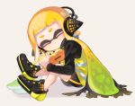  1girl agent_3_(splatoon) bandaid bandaid_on_head bangs black_footwear black_shirt black_shorts blonde_hair cape closed_eyes headphones highres inkling inkling_girl long_sleeves mikoshiba_m on_floor pointy_ears shirt short_shorts shorts sitting smile splatoon_(series) tentacle_hair vest white_background yellow_vest zapfish 