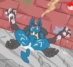  absurd_res alley anthro balls blue_body blue_fur bodily_fluids butt cum cum_all_over cum_in_ass cum_in_mouth cum_inside cum_on_butt cum_on_face cum_on_feet cum_on_paw dingy_pingy excessive_cum excessive_genital_fluids fur generation_4_pokemon genital_fluids genitals graffiti hi_res leaking_cum legs_up lucario lying male nintendo on_back outside pawpads paws pokemon pokemon_(species) public smile solo 