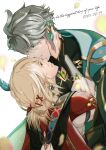 2boys alhaitham_(genshin_impact) blonde_hair bridal_gauntlets earrings english_text feather_hair_ornament feathers genshin_impact grey_hair hair_between_eyes hair_ornament hand_on_another&#039;s_face highres jewelry kaveh_(genshin_impact) long_sleeves looking_at_another male_focus multiple_boys red_eyes shirt short_hair yaguchiguya yaoi 