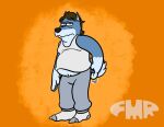 anthro bottomwear brown_hair canid canine canis clothing detailed_background domestic_dog footwear foxmanad fur grey_body grey_bottomwear grey_clothing grey_fur grey_pants grey_sweatpants hair half-closed_eyes husky lazy male mammal narrowed_eyes nordic_sled_dog orange_background overweight overweight_male pants scratching_butt shirt signature simple_background socks solo spitz tank_top topwear underwear white_clothing white_footwear white_shirt white_socks white_tank_top white_topwear white_underwear