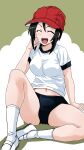  :d arm_support baseball_cap black_buruma black_hair bright_pupils buruma chouno_ami closed_eyes commentary commission girls_und_panzer gym_shirt gym_uniform hand_on_own_chin hat highres knee_up leaning_back midriff_peek navel open_mouth pixiv_commission ponzu_rui red_headwear shirt shoes short_hair short_sleeves sitting smile socks t-shirt uwabaki white_footwear white_pupils white_shirt white_socks 