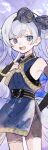  1girl :d arm_behind_back black_sash blue_bow blue_eyes blue_tabard blush bow bridal_gauntlets commentary cowboy_shot double_bun finger_to_own_chin grey_hair hair_bun hairband hand_up highres index_finger_raised long_hair looking_at_viewer magia_record:_mahou_shoujo_madoka_magica_gaiden magical_girl mahou_shoujo_madoka_magica open_mouth sash smile solo standing swept_bangs symbol-only_commentary tabard tassel twintails very_long_hair yakumo_mikage yorunogumo 