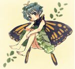  1girl antennae aqua_hair ass barefoot blush brown_eyes butterfly_wings dress eternity_larva fairy full_body green_dress leaf leaf_on_head lowres multicolored_clothes multicolored_dress parted_lips short_hair short_sleeves solo touhou wings yujup 