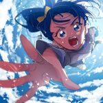  1girl aoi_tete artist_logo blue_hair blue_shirt blue_sky bow cloud cloudy_sky day floating foreshortening frown hair_bow highres hirogaru_sky!_precure looking_at_viewer medium_hair open_mouth outdoors precure reaching reaching_towards_viewer shirt short_sleeves side_ponytail sky solo sora_harewataru sweatdrop yellow_bow 