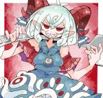  1girl bare_shoulders blue_dress blush curled_horns dress grey_hair grin hair_between_eyes holding holding_spoon horns looking_at_viewer massakasama oversized_object red_eyes red_horns red_sleeves sharp_teeth sheep_horns short_hair smile solo spoon teeth touhou toutetsu_yuuma 