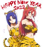  2022 2girls absurdres animal_ears animal_hands animal_print asymmetrical_bangs bangs bare_shoulders black_choker black_gloves blue_hair blush bob_cut breasts chinese_zodiac choker closed_mouth commentary crossed_arms elbow_gloves english_text fake_animal_ears fake_tail flying_sweatdrops gloves hair_between_eyes happy_new_year highres holding holding_with_tail layered_gloves leaning_forward long_hair looking_at_another looking_at_viewer midriff miniskirt multiple_girls navel new_year notice_lines open_mouth orange_bandeau orange_gloves paw_gloves pleated_skirt precure prehensile_tail print_bandeau print_gloves purple_eyes red_hair shiratori_yuriko short_hair simple_background skirt small_breasts smile standing tail takizawa_asuka tiger_ears tiger_print tiger_tail tropical-rouge!_precure uraki white_background year_of_the_tiger yellow_skirt 