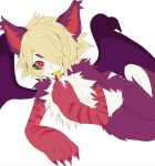 2019 ambiguous_gender anthro blonde_hair chest_tuft claws countershading digital_media_(artwork) dragon forked_tongue fur furred_dragon green_sclera hair hi_res membrane_(anatomy) membranous_wings purple_body purple_ears purple_fur purple_tail purple_wings red_body red_claws red_eyes red_fur red_inner_ear red_stripes rofortyseven smile solo striped_arms stripes tail tan_hair tongue tuft white_body white_countershading white_fur wings yellow_tongue