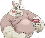  1boy animal_ears bara big_belly blush cup drunk exe_exem facial_hair fat fat_man furry furry_male highres large_pectorals looking_at_viewer male_focus mature_male midriff_peek mustache_stubble original pectorals rabbit_boy rabbit_ears sakazuki seductive_smile short_hair smile solo sparse_stubble squeans stubble unfinished upper_body 