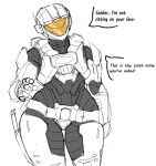  1girl facing_viewer grey_background halo_(series) helmet monochrome original pointing pointing_at_viewer power_armor simple_background solo spartan_(halo) spooky_(dare_to_exist) spot_color thick_thighs thighs 