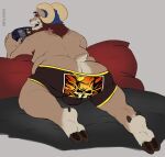 2024 6pklion absurd_res anthro back_bulge back_tuft baldur&#039;s_gate beanie beard belly big_butt bovid bovid_horn bulge butt butt_cleavage caprine caprine_horn carl_hendricks clothed clothing cloven_hooves controller countershade_butt countershading echo_(game) echo_(series) echo_project facial_hair game_controller gamer_underwear gaming hat headgear headwear hi_res hooved_toes hooves horn leaning leaning_forward looking_at_viewer looking_back looking_back_at_viewer male mammal nerd overweight overweight_male partially_clothed playing_videogame print_clothing print_underwear ram_horn rear_view short_tail solo tail teasing topless tuft underwear underwear_down