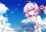  1girl :o ahoge blue_shirt blue_sky blush breasts bright_pupils buttons cloud heart heart_button heart_hairband heart_of_string highres komeiji_satori large_breasts looking_at_viewer outdoors pink_eyes pink_hair scavia10 shirt sky solo third_eye touhou upper_body white_pupils wide_sleeves 