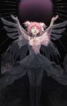  1girl absurdres arms_up black_background chinese_commentary closed_eyes closed_mouth commentary_request dress hair_ribbon highres kaname_madoka long_hair mahou_shoujo_madoka_magica mahou_shoujo_madoka_magica_(anime) petrification pink_dress pink_hair ribbon shao_ziye short_sleeves solo thighhighs two_side_up ultimate_madoka white_ribbon wings 