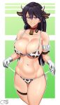  1girl animal_ears animal_print bambietta_basterbine bell bikini black_hair bleach bleach:_the_thousand-year_blood_war breasts castell cow_ears cow_girl cow_horns cow_print cowbell gloves grin highres horns large_breasts long_hair navel nipples print_bikini purple_eyes side-tie_bikini_bottom smile solo stomach swimsuit thigh_strap white_gloves 