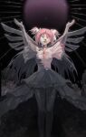 1girl arms_up black_background closed_eyes closed_mouth commentary_request dress hair_ribbon highres kaname_madoka long_hair mahou_shoujo_madoka_magica mahou_shoujo_madoka_magica_(anime) petrification pink_dress pink_hair ribbon shao_ziye short_sleeves solo thighhighs two_side_up ultimate_madoka white_ribbon wings 