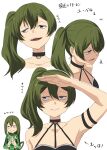  1girl 4shi :&gt; arm_strap arm_up armpits asui_tsuyu asui_tsuyu_(cosplay) bare_shoulders black_choker black_dress bodysuit boku_no_hero_academia breasts choker closed_mouth commentary_request cosplay cropped_shoulders cropped_torso double-parted_bangs dress gloves green_bodysuit green_hair hair_between_eyes hair_over_one_eye half-closed_eyes highres long_hair looking_to_the_side medium_breasts multiple_views o-ring o-ring_choker one_eye_covered own_hands_together parted_bangs purple_eyes shading_eyes side_ponytail sideways_glance sleeveless sleeveless_dress smile sousou_no_frieren teeth translation_request ubel_(sousou_no_frieren) upper_teeth_only white_background white_gloves 