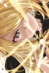  black_coat blonde_hair close-up coat cosmetics cynthia_(pokemon) energy fur-trimmed_coat fur_trim green_eyes hair_ornament hair_over_one_eye highres holding holding_lipstick_tube light_rays lipstick lipstick_tube long_hair looking_at_viewer makeup mega_stone nail_polish nanakusa_yomogi pink_lips pokemon pokemon_dppt sideways 