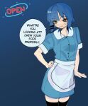  1girl absurdres alternate_costume apron blue_hair bocchi_the_rock! english_text hand_on_own_hip highres looking_at_viewer machuuu68 medium_hair mole mole_under_eye waist_apron waitress yamada_ryo yellow_eyes 