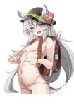  1girl 8_ni animal_ears backpack bag bare_shoulders bikini box bra breasts cameltoe chinese_commentary collarbone commentary_request dushevnaya_(neural_cloud) ears_through_headwear extra_ears flute girls&#039;_frontline girls&#039;_frontline_neural_cloud green_eyes hair_between_eyes hat heart heart-shaped_box heart-shaped_pupils highres instrument ksvk_(girls&#039;_frontline) long_hair looking_at_viewer micro_bikini navel open_mouth panties penetration_gesture randoseru ribbon ruler small_breasts solo standing swimsuit symbol-shaped_pupils underwear white_background white_hair 