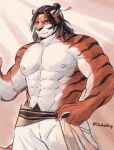  absurdres animal_ears arknights bara furry furry_male hand_on_hip headband highres light_beam long_hair looking_at_viewer male_focus shensedexiao_(49809635) solo solo_focus striped tail tiger tiger_ears tiger_tail topless_male yellow_headband 
