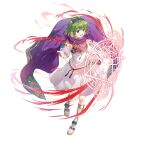  1girl cape compass fire_emblem fire_emblem:_the_blazing_blade fire_emblem_heroes gold_trim green_hair hairband nino_(fire_emblem) official_alternate_costume purple_cape purple_eyes sandals short_hair solo 