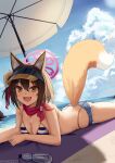  1girl :d animal_ears bare_arms bare_shoulders beach_mat beach_umbrella bikini blue_archive blue_shorts breasts brown_hair cleavage cutoffs day denim denim_shorts fox_ears fox_girl fox_tail halo highleg highleg_bikini highres izuna_(blue_archive) izuna_(swimsuit)_(blue_archive) loli_hooker looking_at_viewer lying medium_breasts micro_shorts official_alternate_costume on_stomach one_side_up open_mouth outdoors scarf short_hair shorts smile solo string_bikini striped striped_bikini swimsuit tail thighs umbrella visor_cap wet yellow_eyes 