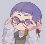  1girl bangs brown_sweater_vest closed_mouth glasses grey_background hair_ribbon hands_up head_tilt highres holding holding_eyewear inkling inkling_girl looking_at_viewer mikoshiba_m pointy_ears purple_eyes purple_hair ribbon short_hair simple_background sleeves_past_wrists splatoon_(series) sweater sweater_vest tentacle_hair white_sweater 