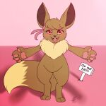2017 3_toes 4_fingers anthro bow_ribbon brown_body brown_fur brown_nose eevee english_text feet female fingers fur generation_1_pokemon greeting happy hi_res human looking_at_viewer mammal navel nintendo open_mouth pawpads paws pokemon pokemon_(species) red_eyes ruka_vaporeon shikaro sign simple_background smile solo tan_body tan_fur teeth text toes tongue