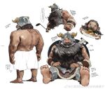 1boy alternate_race armor back_hair back_muscles bara beard blush broad_shoulders brown_hair chinese_text collage covered_eyes dungeon_meshi dwarf expressionless facial_hair facing_away fake_horns feet from_behind full_body hairy helmet helmet_over_eyes highres horned_helmet horns incoming_food long_beard looking_at_viewer male_focus muscular muscular_male plate_armor senshi_(dungeon_meshi) shinnasuka025 shorts sitting soles sparse_arm_hair sparse_leg_hair spread_legs standing tareme thick_mustache topless_male translation_request unfinished very_long_beard wok 