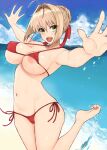  1girl ahoge areola_slip bare_shoulders beach bikini blonde_hair blue_sky blush braid breasts cleavage cocq_taichou collarbone covered_nipples fate/extra fate_(series) french_braid green_eyes hair_bun hair_intakes hair_ribbon highres large_breasts long_hair looking_at_viewer navel nero_claudius_(fate) nero_claudius_(fate/extra) ocean open_mouth red_bikini red_ribbon ribbon shore sky smile solo swimsuit thighs 