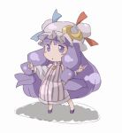 1girl adapted_costume blue_footwear blue_ribbon blush_stickers chibi commentary_request crescent crescent_hat_ornament detached_sleeves dress full_body hands_up hat hat_ornament hat_ribbon long_hair long_sleeves mob_cap numa_(minus_4k) patchouli_knowledge pink_dress pink_headwear purple_eyes purple_hair red_ribbon ribbon simple_background solo striped_clothes striped_dress touhou triangle_mouth very_long_hair white_background zipper 