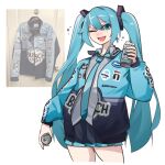  1girl ;d absurdres beer_can black_skirt blue_eyes blue_hair blue_jacket blue_necktie blush can collared_shirt commentary cosplay cosplay_request drink_can ford grey_shirt hair_between_eyes hair_ornament hand_up hatsune_miku highres holding holding_can holeecrab jacket long_hair nascar necktie one_eye_closed open_clothes open_jacket open_mouth pleated_skirt reference_inset shirt simple_background skirt smile solo symbol-only_commentary twintails very_long_hair vocaloid white_background 