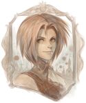  1boy dave_rapoza final_fantasy final_fantasy_ix framed greyscale highres male_focus medium_hair monochrome portrait sepia sketch sleeveless smile solo zidane_tribal 