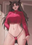  1girl absurdres bikini breasts brown_hair fate/stay_night fate_(series) hair_ribbon highres kakeku large_breasts long_hair long_sleeves looking_at_viewer navel open_mouth parted_bangs red_bikini red_eyes red_sweater ribbon solo sweater swimsuit thighs tiara tohsaka_rin two_side_up 