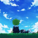  2girls andou_tazusa antenna_hair assault_lily black_cat black_skirt blonde_hair blue_sky brown_footwear cat cat_on_person cloud commentary covered_face day facing_away from_behind grass green_hair hair_ribbon hand_up high-waist_skirt highres juliet_sleeves knee_up lap_pillow leg_ribbon loafers long_sleeves lying multiple_girls on_back on_grass on_ground outdoors puffy_sleeves ribbon school_uniform shoes short_hair sitting skirt sky teisuu thigh_ribbon thighhighs two_side_up white_thighhighs yellow_ribbon yoshimura_thi_mai yurigaoka_girls_academy_school_uniform 