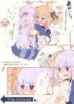  &gt;_&lt; 2girls anisphia_wynn_palettia blonde_hair blue_dress blush closed_eyes commentary_request dress euphyllia_magenta heart hug jacket long_hair medium_hair multiple_girls open_mouth purple_eyes purple_hair speech_bubble sweatdrop tensei_oujo_to_tensai_reijou_no_mahou_kakumei to_be_continued translation_request white_jacket ydpfa yuri 