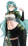 absurdres aqua_hair book braid breasts cape chloe_(fire_emblem) crop_top fire_emblem fire_emblem_engage green_eyes highres holding holding_book large_breasts long_hair midriff navel pearlbbbb sage_outfit_(fire_emblem_engage) side_braid 
