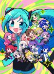  &gt;_&lt; 3boys 6+girls absurdres ahoge arm_up asymmetrical_sleeves bangs belt black_hair blonde_hair blue_eyes blue_hair blush boots bow braid brown_eyes brown_hair coat collared_shirt detached_sleeves drill_hair eel_hat fist_pump flower_(vocaloid) flower_(vocaloid4) foreshortening green_eyes green_hair grey_hair gumi hair_bow hair_ornament hairband hand_fan hat hatsune_miku highres holding holding_fan ia_(vocaloid) jacket japanese_clothes kagamine_len kagamine_rin kaito_(vocaloid) kamui_gakupo kasaki_sakura kasane_teto leg_warmers long_hair long_sleeves low_twintails megurine_luka meiko_(vocaloid) multicolored_hair multiple_boys multiple_girls necktie one_eye_closed open_mouth otomachi_una pink_hair pleated_skirt ponytail purple_eyes purple_hair red_eyes red_hair sailor_collar scarf shirt short_hair short_hair_with_long_locks short_sleeves shorts skirt sleeveless sleeveless_jacket sleeveless_shirt smile thigh_boots thigh_strap twin_drills twintails two-tone_hair utau very_long_hair vocaloid white_hair wrist_cuffs yuzuki_yukari 