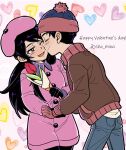  1boy 1girl beanie beret black_gloves blue_headwear blue_pants brown_jacket closed_eyes closed_mouth couple cowboy_shot flower gloves happy_valentine hat hetero highres holding holding_flower jacket kiss kissing_cheek long_hair long_sleeves mina_shon one_eye_closed open_mouth pants pink_headwear pink_jacket profile purple_hair red_eyes red_gloves rose smile south_park stan_marsh standing twitter_username wendy_testaburger white_background 